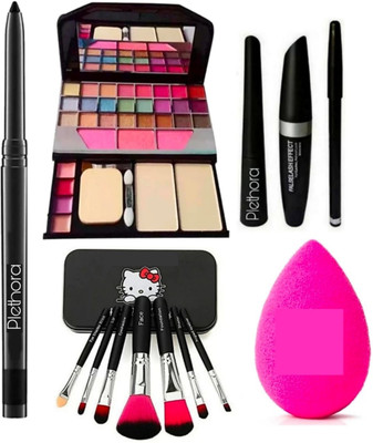 Plethora Makeup Kit 6155 & Makeup Black brushes set of 7 & Eyebrow Pencil Black & Liquid Eyeliner & Mascara & Kajal & Puff(13 Items in the set)