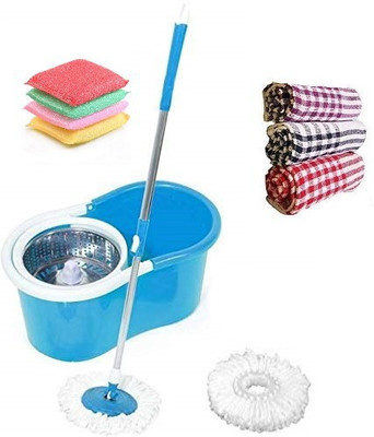 JSN Easy Magic Spin Floor Mop 360 Degree Bucket Mop with Steel Spinner 2 Refill Mop Combo Mop, Scrub Pad, Cleaning Wipe