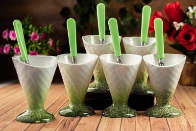 TMF (Pack of 6) Ceramic Cone Shape Ice-Cream Cup Set with Spoon (Green) Glass Set Water/Juice Glass(180 ml, Ceramic, Green)