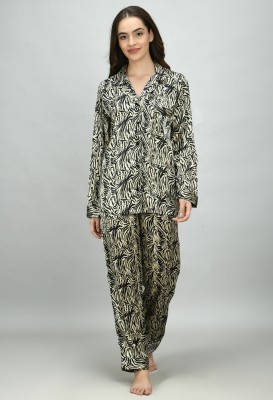 SOLA: Fashion Elegance Women Animal Print Green, Black Shirt & Pyjama set