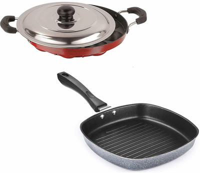POONJALIYA Tappam Patra Dosa Tava & Grill Pan 12 Cavity Appam Patra Two Side Handle with Steel lid & Grill Pan | Non Stick Aluminium cookware Combo Set 2 Pcs (Black and Red) Appam Patra and Mini gril pan Non-Stick Aluminum maroon/Cavity Aluminum Non Stick Appam Patra and 4 Cavity Mini Uttapam Grill 