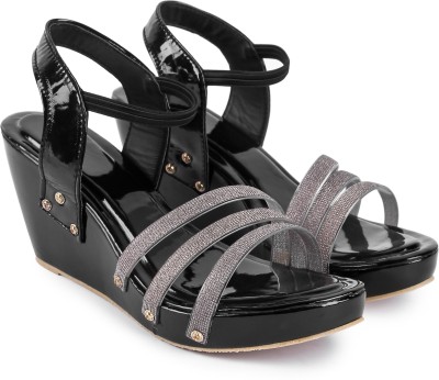 ABJ Fashion Women Wedges(Black , 5)