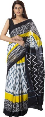 Clothonus Printed Ikkat Pure Cotton Saree(White)