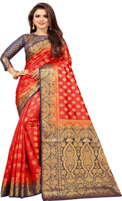 Perfect Wear Woven Banarasi Cotton Silk Saree(Red)