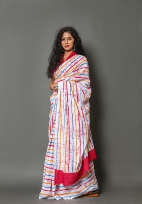 Jaipuri Print Striped Daily Wear Pure Cotton Saree(Multicolor)