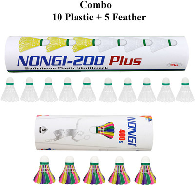 Nongi Badminton shuttle (400s & 200plus) combo pack of 15 Feather & Plastic Shuttle  - White(Medium, 77, Pack of 15)
