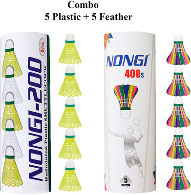 Nongi Badminton shuttle (400s & 200) combo pack of 10 for indoor outdoor sport Feather & Plastic Shuttle  - Yellow(Medium, 77, Pack of 10)