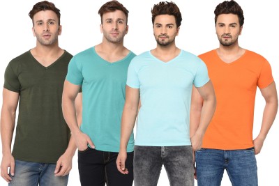 Adorbs Solid Men V Neck Light Blue, Dark Green, Orange T-Shirt