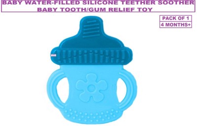 TINNY TOTS Premium Quality Baby Water Filled Teether Soother Food Nibbler/Feeder/Silicone Dental Care Teether Water Filled Print Teether/Soother Cum Rattle For Pain Relief BPA Free For Infants/Toddlers/New Borns(BOTTLE;4 Months+) Teether and Feeder(BLUE BOTTLE)