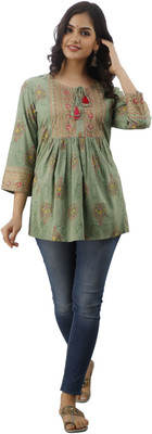 DMP EXPORT Women Printed Cape Top Kurta(Green)