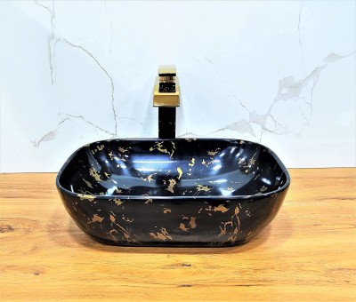 BASSINO Art Wash Basin Countertop, Tabletop Ceramic Bathroom Sink/Basin GR-173 Table Top Basin(BALCK & Gold)