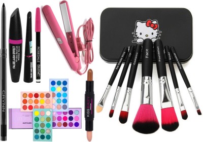 Crynn Smudge Proof Rosedale Kajal & Pro Ultra Saloon Professional Hair Straightener & 3in1 Eyeliner Mascara Eyebrow Pencil & Kiss Beauty Highlighter & Contour Stick & Beauty Glazed Color Board Eyeshadow Palette & Professional Set of 7 Makeup Brush(14 Items in the set)