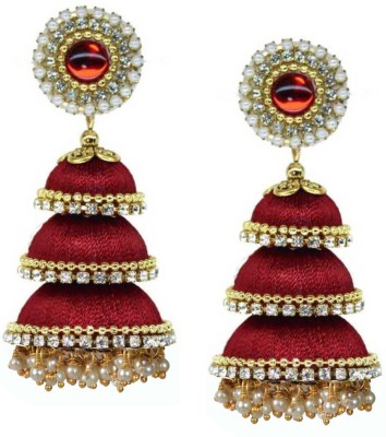 Sanj Three Step Silk Thread Earrings Jhumki For Women Hook Dangle Silk Dori Jhumka Earrings For Girls Beads Earring Set Crystal, Pearl Fabric Jhumki Earring