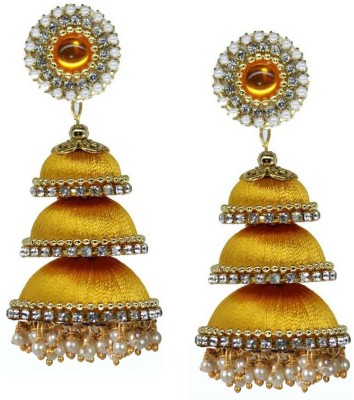 Sanj Three Step Silk Thread Earrings Jhumki For Women Hook Dangle Silk Dori Jhumka Earrings For Girls Beads Earring Set Crystal, Pearl Fabric Jhumki Earring