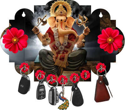 Crafts World New Wooden Ganesh For Home Wood Key Holder(7 Hooks, Black)