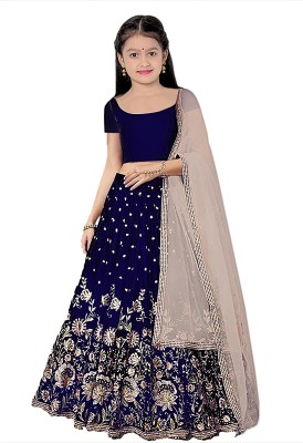 PILUDI Girls Lehenga Choli Ethnic Wear Embroidered Lehenga, Choli and Dupatta Set(Dark Blue, Pack of 1)