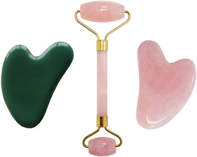 Getmecraft Rose Quartz Roller with Rose quartz Gua Sha and Jade Gua Sha Rose Quartz Roller and Gua Sha Jade Roller for Face, Facial Roller Massager Anti Aging Rose Quartz Roller for Face and Dark Circles Under Eye Treatment GuaSha Facial Sets-Therapeutic Relief (Pack of 3) Massager(Pink, Green)