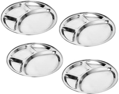 HUSHBEE Stainless Steel Lunch Dinner Plate Bhojan Thali 4 in 1 Round Compartments Kitchen & Dining Set Pack of 4 Sectioned Plate(Pack of 4)