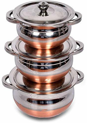 Sonanshi 3 Pieces Copper Bottom Biryani Handi Set with Handle and Lid Handi 0.75 L, 1.35 L, 2.45 L with Lid(Copper, Stainless Steel, Induction Bottom)