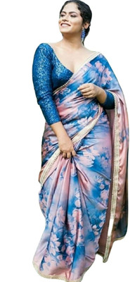 Attiris Floral Print Bollywood Art Silk Saree(Blue, Pink)