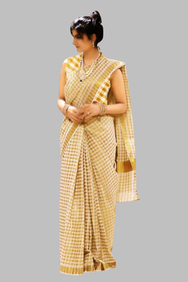 Gugaliya Checkered Kasavu Cotton Blend Saree(White, Cream)