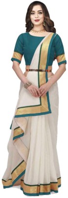 BAPS Self Design, Woven, Solid/Plain Bollywood Cotton Blend, Art Silk Saree(White, Light Green)