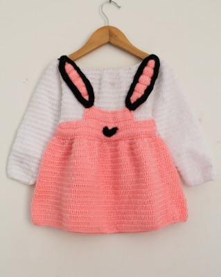 Woonie Solid Round Neck Casual Baby Girls Pink Sweater