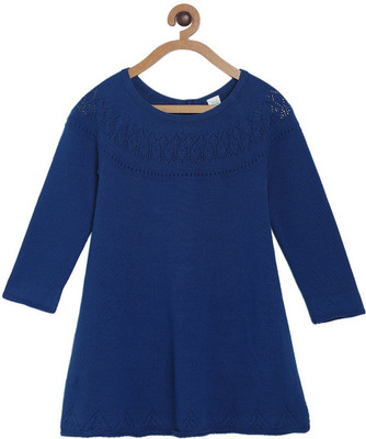 MINI KLUB Solid Round Neck Casual Baby Girls Blue Sweater