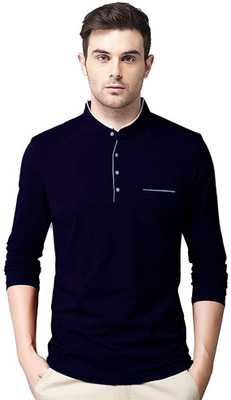Jaskart Solid Men Henley Neck Dark Blue T-Shirt