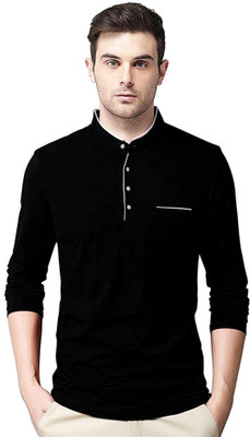 Jaskart Solid Men Henley Neck Black T-Shirt