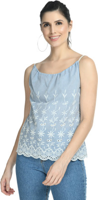 Blushia Casual Sleeveless Printed Women Light Blue Top
