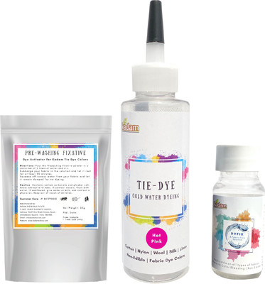KADAM Tie Dye Hot Pink, Cold Water Fabric Dye Color, 100mL Bottle with Prewashing Fixative mini and DyFix mini bottle