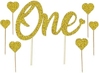 ZYOZI 1st Birthday Cake Topper, with 6 Heart Toppers, Birthday Cake for Photo Booth Props, Gold Glitter Cake Decorating Supplies, First Anniversary, Birthday Cake Bunting Flag Baby Shower Cake Topper(GOLD Pack of 7)