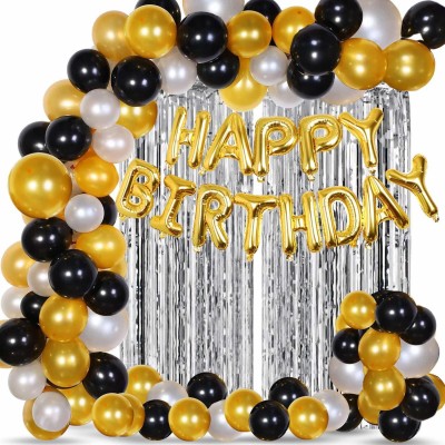 Juratical Real Store Solid Happy Birthday Foil Balloons with Foil Curtain Metallic Balloons Decoration Kit Letter Balloon(Black, Gold, Silver, Pack of 65)