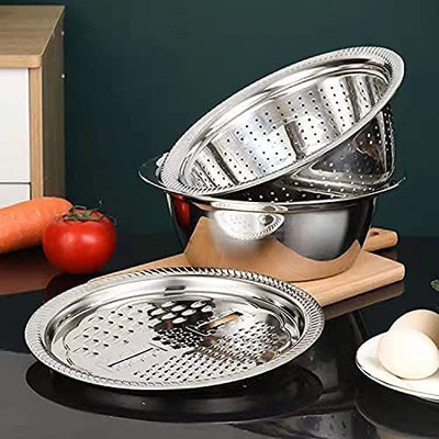 EVURAAJ ENTERPRISE 6 in 1 Kitchen Multipurpose Kitchen Stainless Steel Bowl, Drain Basket, Julienne Graters for Vegetable Cutter,Vegetable/Fruit Grater Kitchen Mesh Strainers(Set of 1 Strainer(Steel Pack of 2)