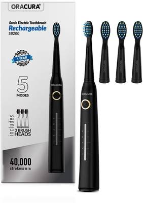 ORACURA Sonic Electric Rechargeable Toothbrush SB200 With 40,000 Strokes/minute | 5 Modes, 3 Brush Heads &amp; Rechargeable with 4 Hours Charge lasts Upto 30 Days | Including USB Cable for Charging Electric Toothbrush  (Black)