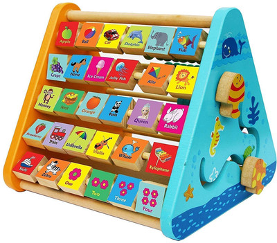 JIGVISH Kids Activity Triangle 5 Side Learn Shelf Math Calculation Toys Baby Kids Educations Learning Intelligence Clock Versatile Wooden Alphabet Learning with White Board(Multicolor)