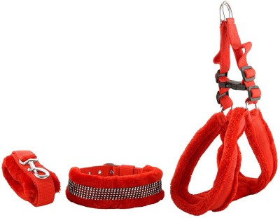 ALCAZAR Dog Harness, Leash & Collar Set (Large, Red 1.25 Inch Soft Fur Padded) Dog Harness & Leash(Large, Red)