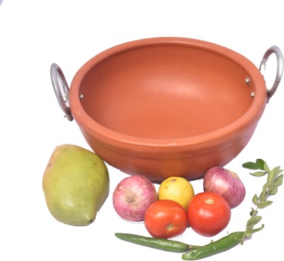CPV CRAFTS CHENNAIPOTS Handmade Clay Kadai / Handi for all veg & non veg curry Cooking Pot Size- 2.2 ltrs with Aluminum handle Kadhai 24 cm diameter 2.2 L capacity(Earthenware, Non-stick)
