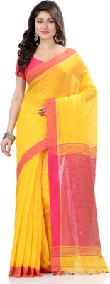 TANTLOOM Color Block Handloom Handloom Cotton Linen Saree(Pink, Yellow)