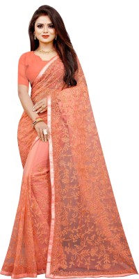 Barkiya Creation Embroidered Bollywood Net Saree(Orange)