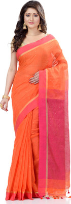 TANTLOOM Color Block Handloom Cotton Linen Saree(Orange)