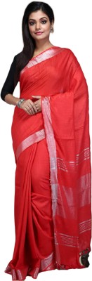 Queensider Solid/Plain Handloom Cotton Linen Saree(Red)