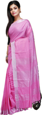 Queensider Solid/Plain Handloom Cotton Linen Saree(Pink)