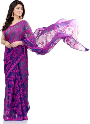 TANTLOOM Floral Print Jamdani Pure Cotton Saree(Blue, Pink)