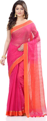 TANTLOOM Solid/Plain Handloom Cotton Linen Saree(Pink)