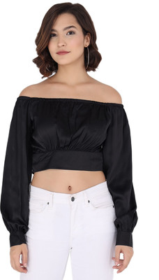 Kulfi Party Short Sleeve Solid Women Black Top