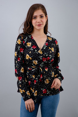 PRETTY LOVING THING Casual Full Sleeve Floral Print Women Black Top