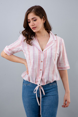 PRETTY LOVING THING Casual Half Sleeve Striped Women Pink Top