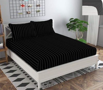 Kawi 200 TC Satin Queen Striped Fitted (Elastic) Bedsheet(Pack of 1, Black)